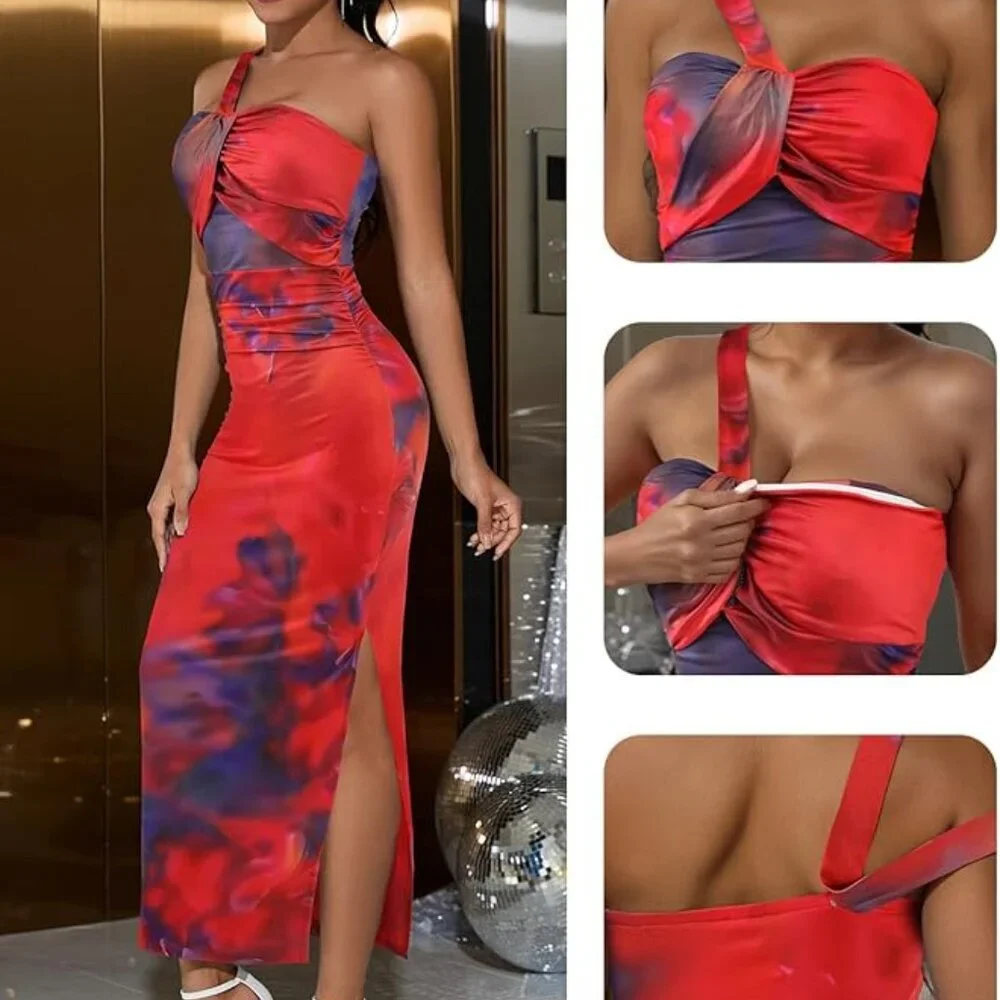 ❤️ DRESSTELLS One Shoulder Red Tie Dye Maxi Dress | Size Small | NWT ❤️ - Picture 2 of 6
